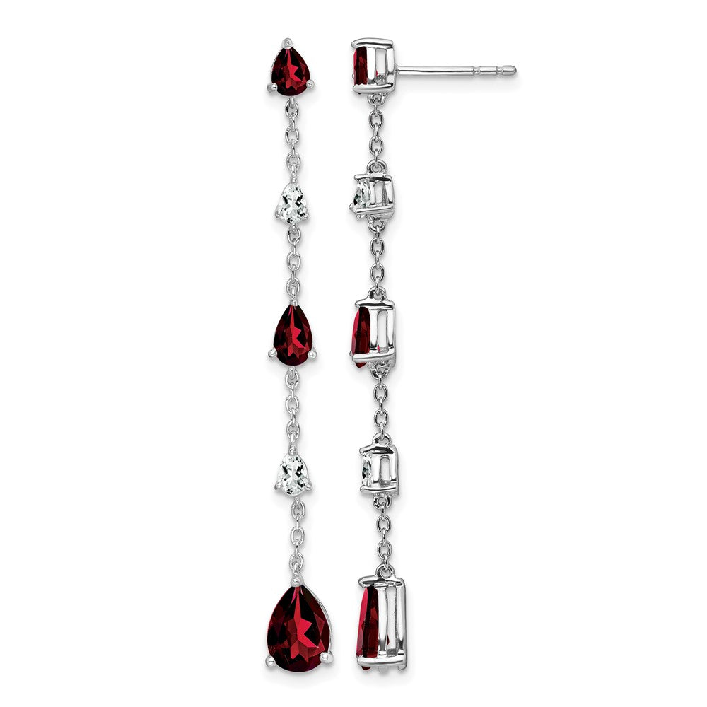 14k White Gold Pear Garnet and White Topaz Dangle Chain Post Earrings