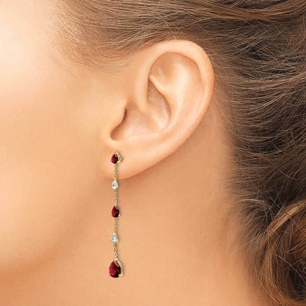 14k Pear Garnet and White Topaz Dangle Chain Post Earrings