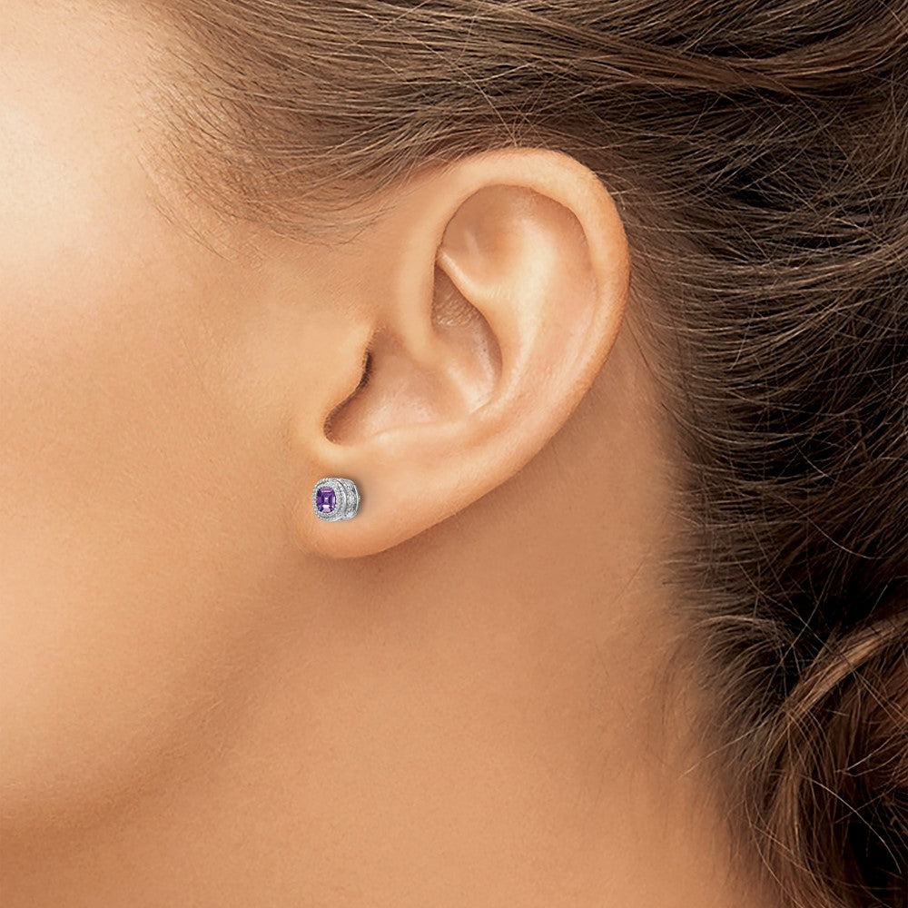 14k White Gold 4.5mm Cushion Amethyst and .19 carat Diamond Post Earrings