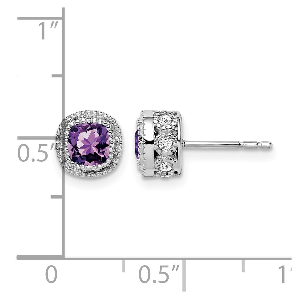 14k White Gold 4.5mm Cushion Amethyst and .19 carat Diamond Post Earrings