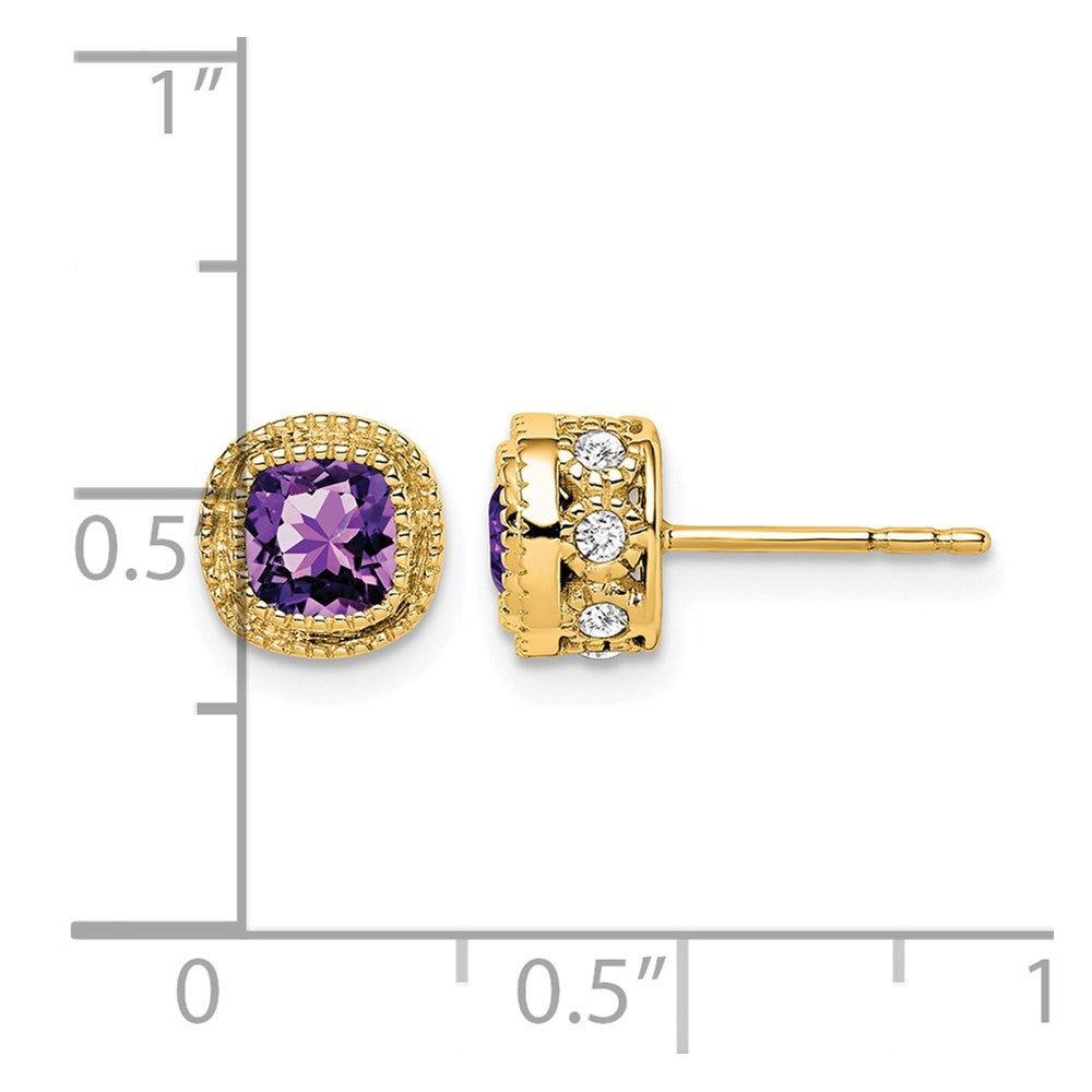 14k 4.5mm Cushion Amethyst and .19 carat Diamond Post Earrings