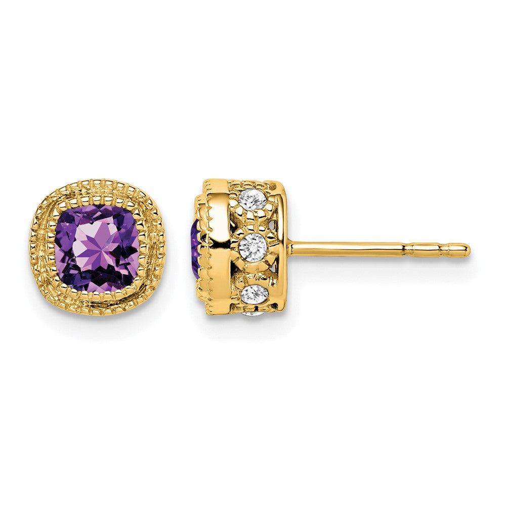 14k 4.5mm Cushion Amethyst and .19 carat Diamond Post Earrings