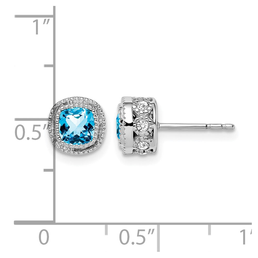 14k White Gold 4.5mm Cushion Blue Topaz and .19 carat Diamond Post Earrings