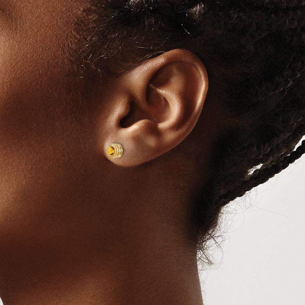 14k 4.5mm Cushion Citrine and .19 carat Diamond Post Earrings