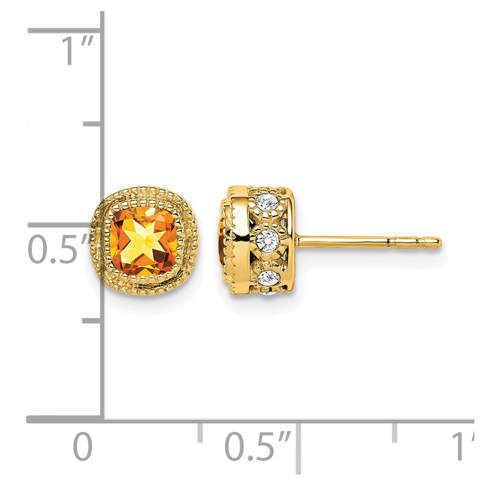 14k 4.5mm Cushion Citrine and .19 carat Diamond Post Earrings