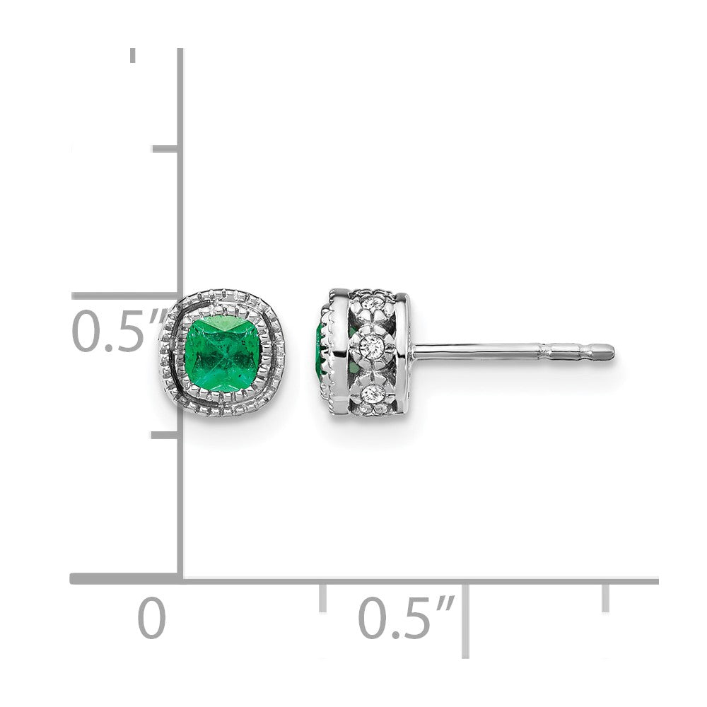 14k White Gold 3.4mm Cushion Emerald and Diamond Post Earrings