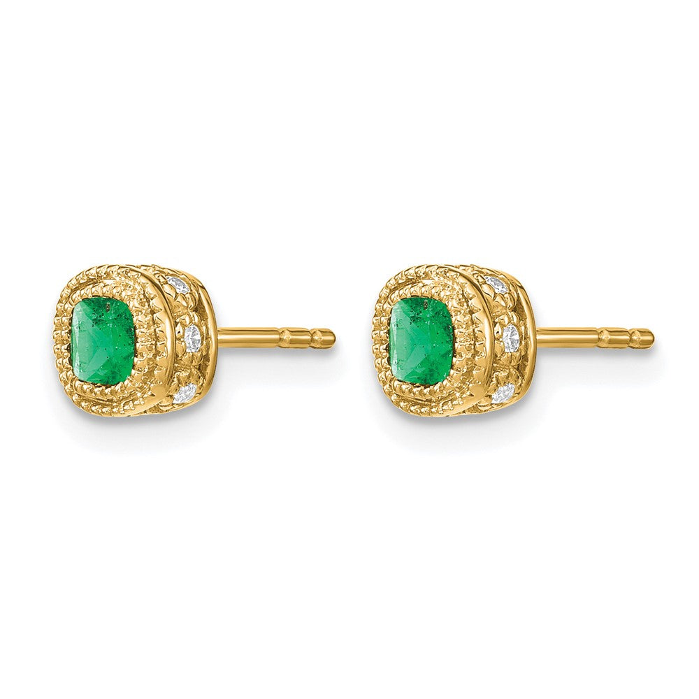 14k 3.4mm Cushion Emerald and Diamond Post Earrings