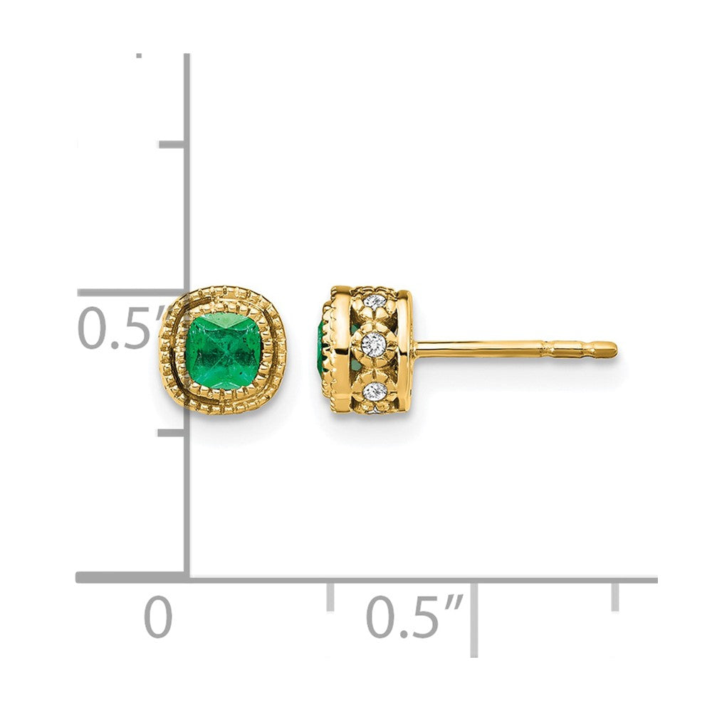 14k 3.4mm Cushion Emerald and Diamond Post Earrings