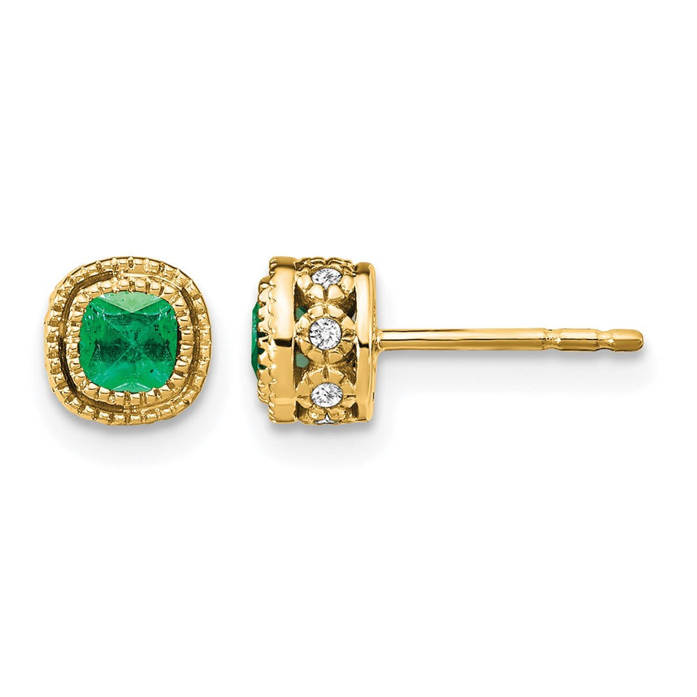 14k 3.4mm Cushion Emerald and Diamond Post Earrings