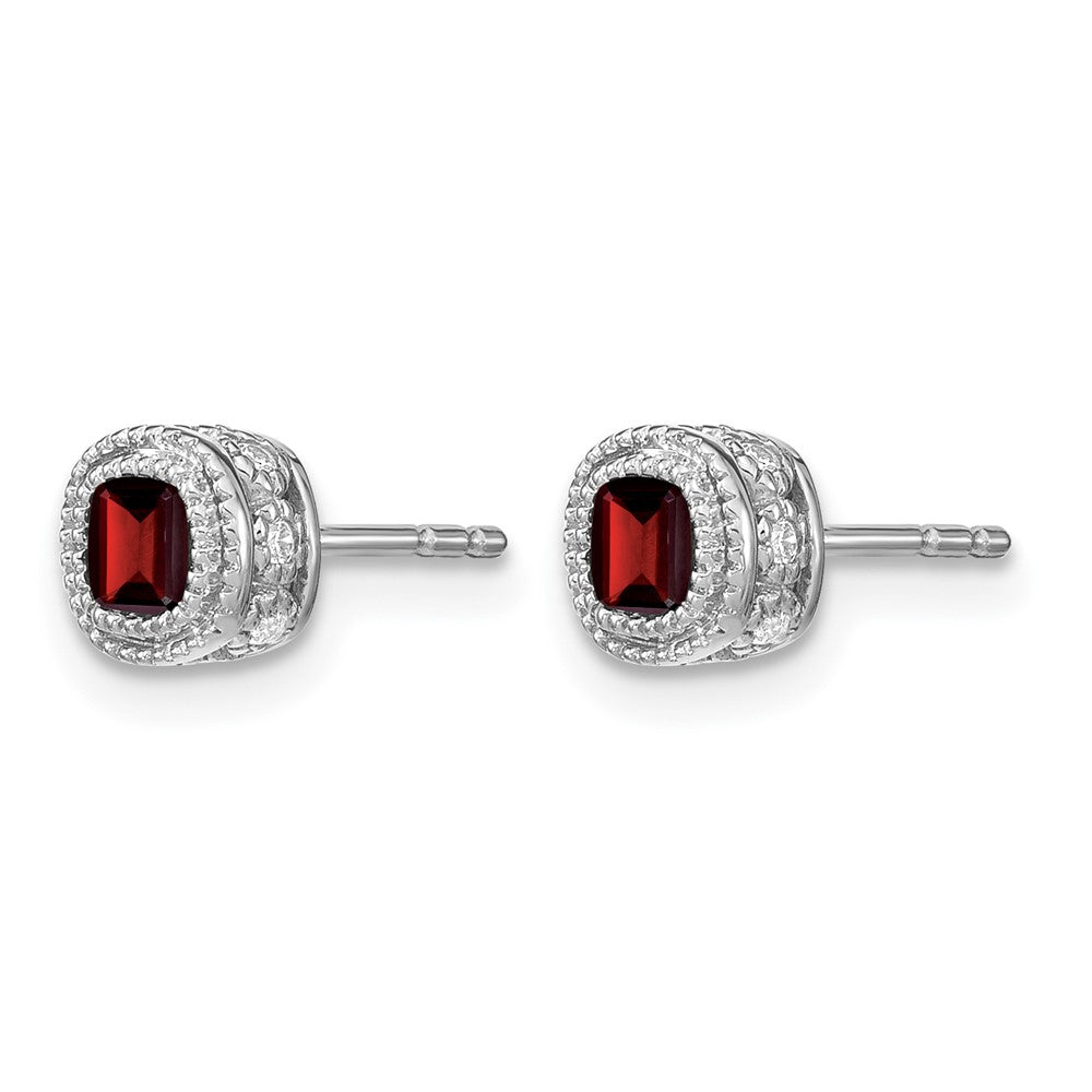 14k White Gold 4.5mm Cushion Garnet and .19 carat Diamond Post Earrings