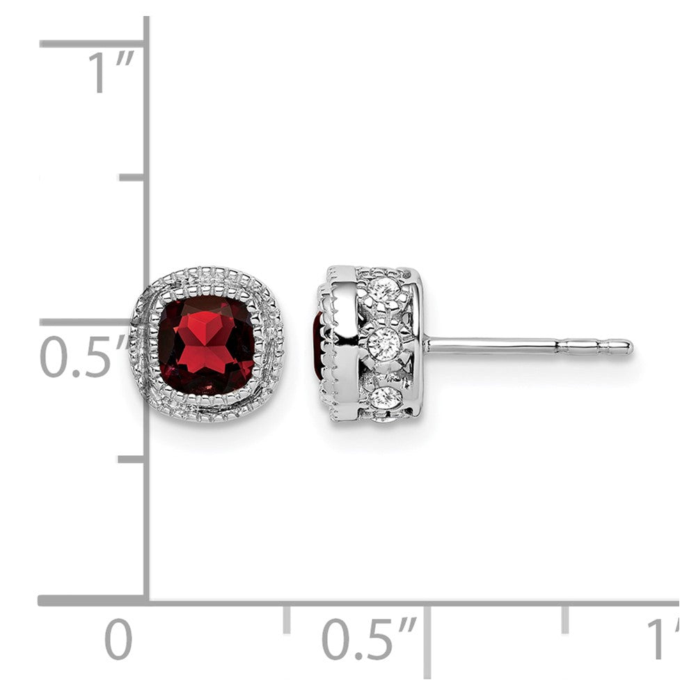 14k White Gold 4.5mm Cushion Garnet and .19 carat Diamond Post Earrings