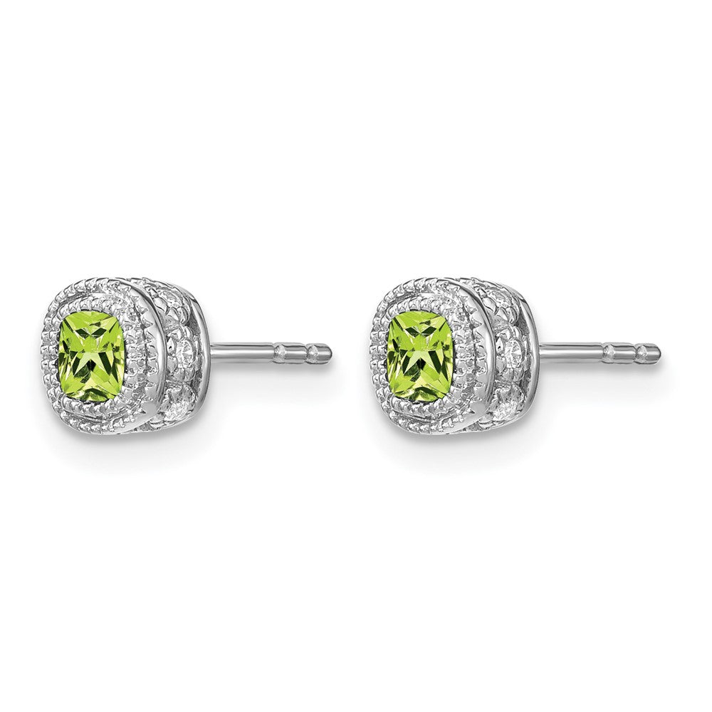14k White Gold 4.5mm Cushion Peridot and .19 carat Diamond Post Earrings