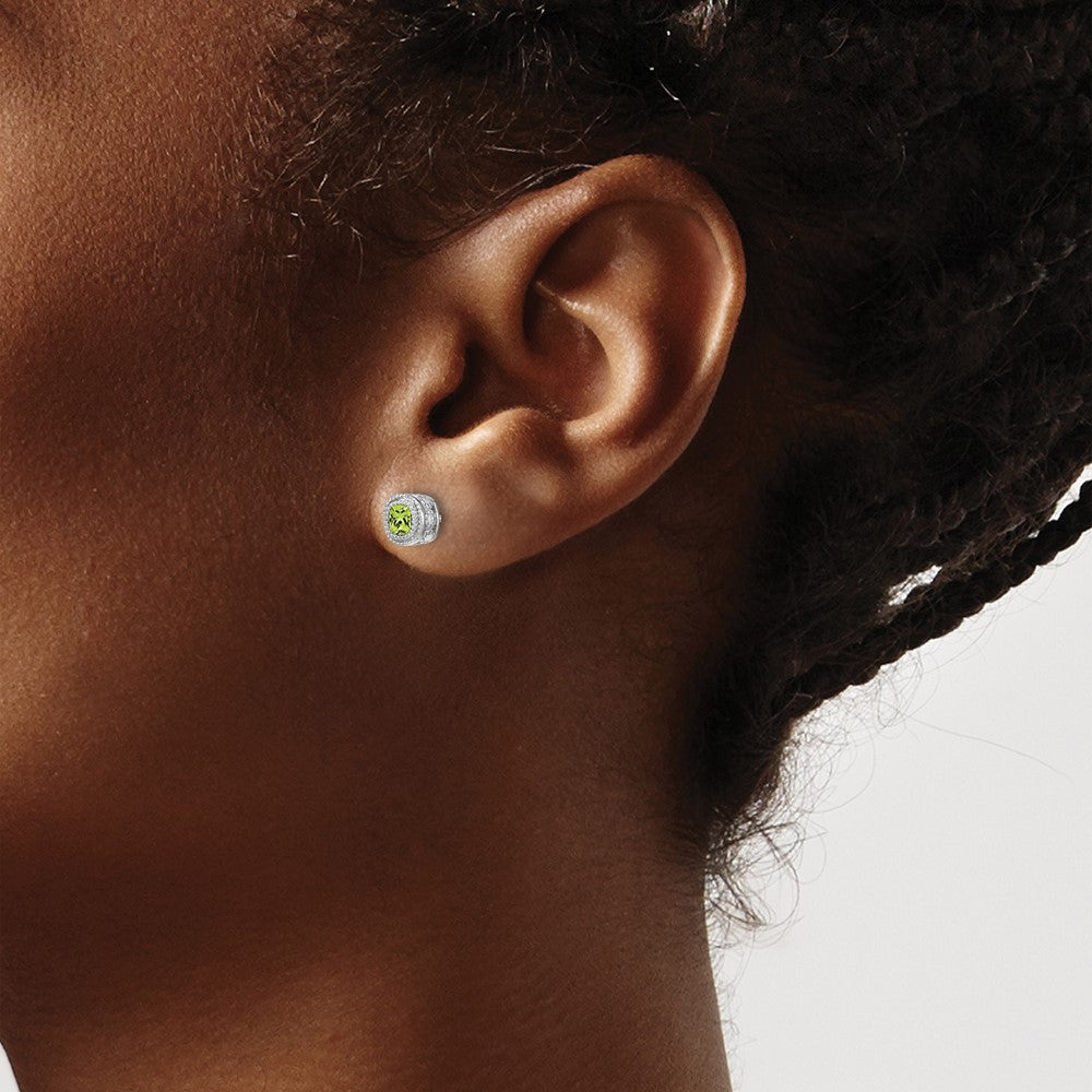 14k White Gold 4.5mm Cushion Peridot and .19 carat Diamond Post Earrings