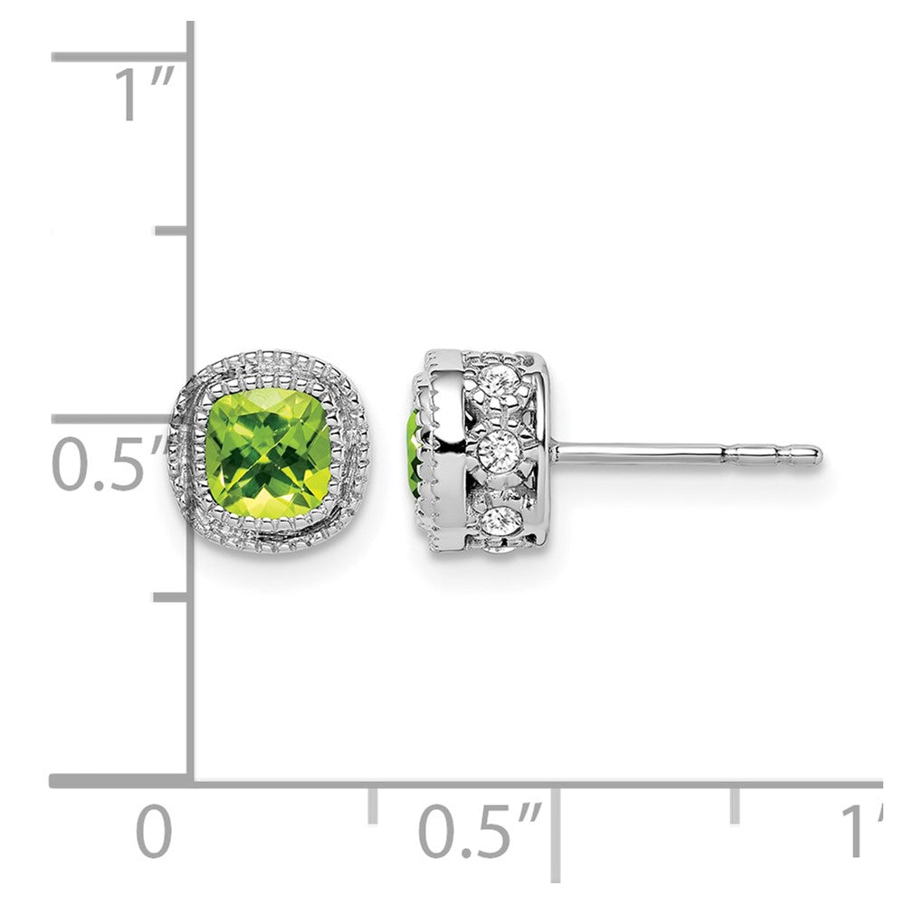 14k White Gold 4.5mm Cushion Peridot and .19 carat Diamond Post Earrings