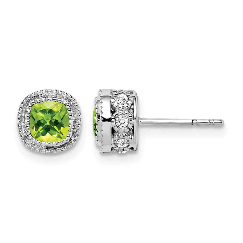14k White Gold 4.5mm Cushion Peridot and .19 carat Diamond Post Earrings