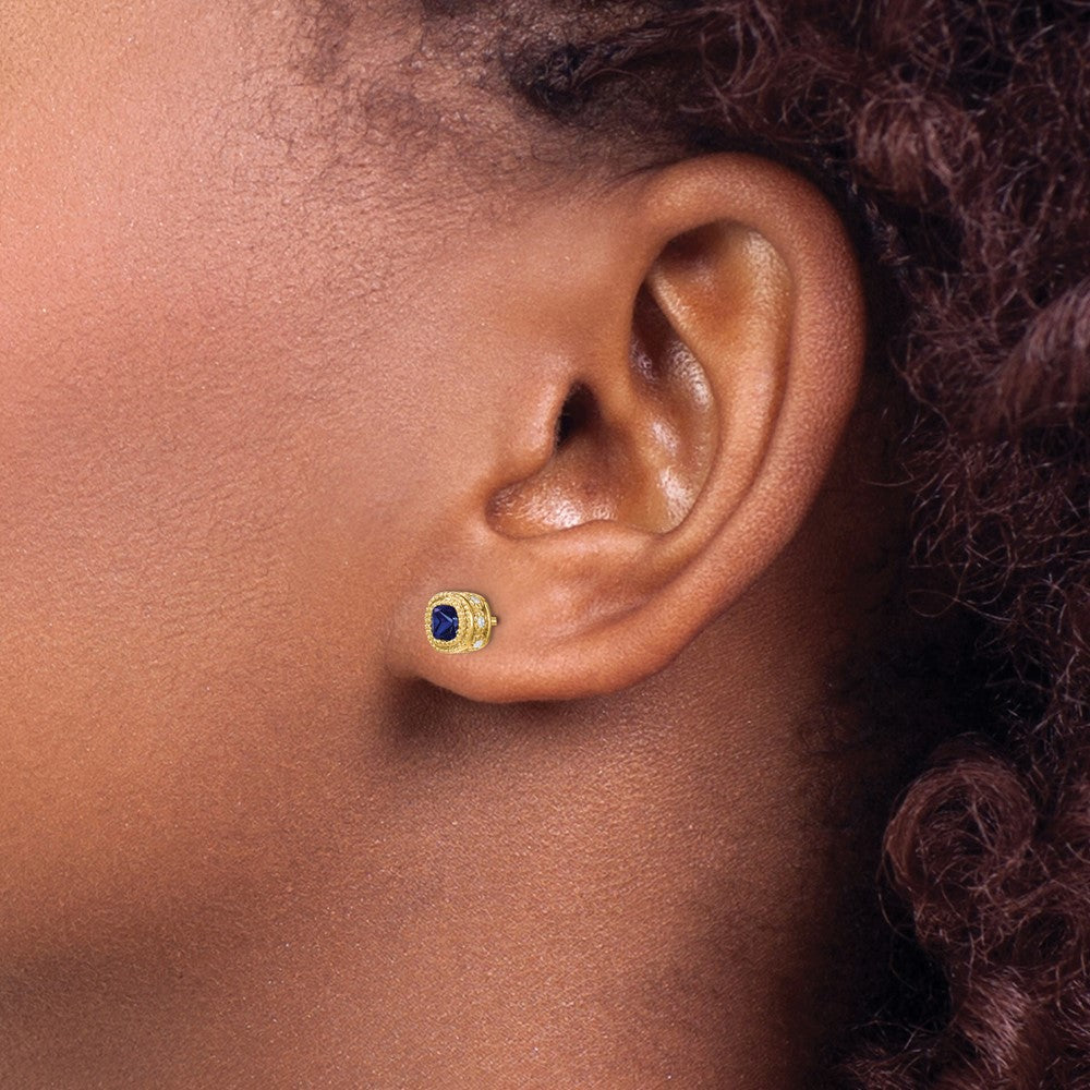 14k 3.4mm Cushion Sapphire and Diamond Post Earrings