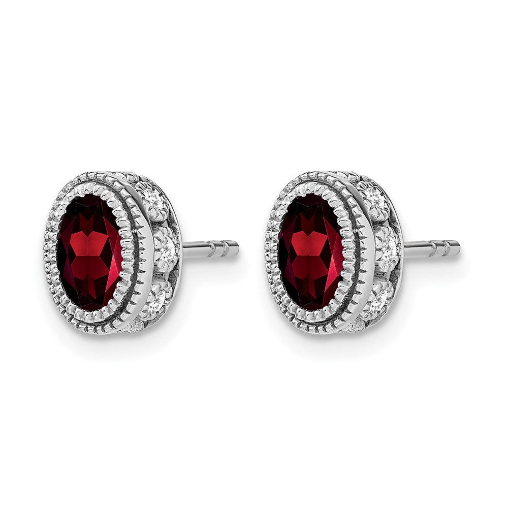 14k White Gold 6x4mm Oval Garnet and .19 carat Diamond Post Earrings