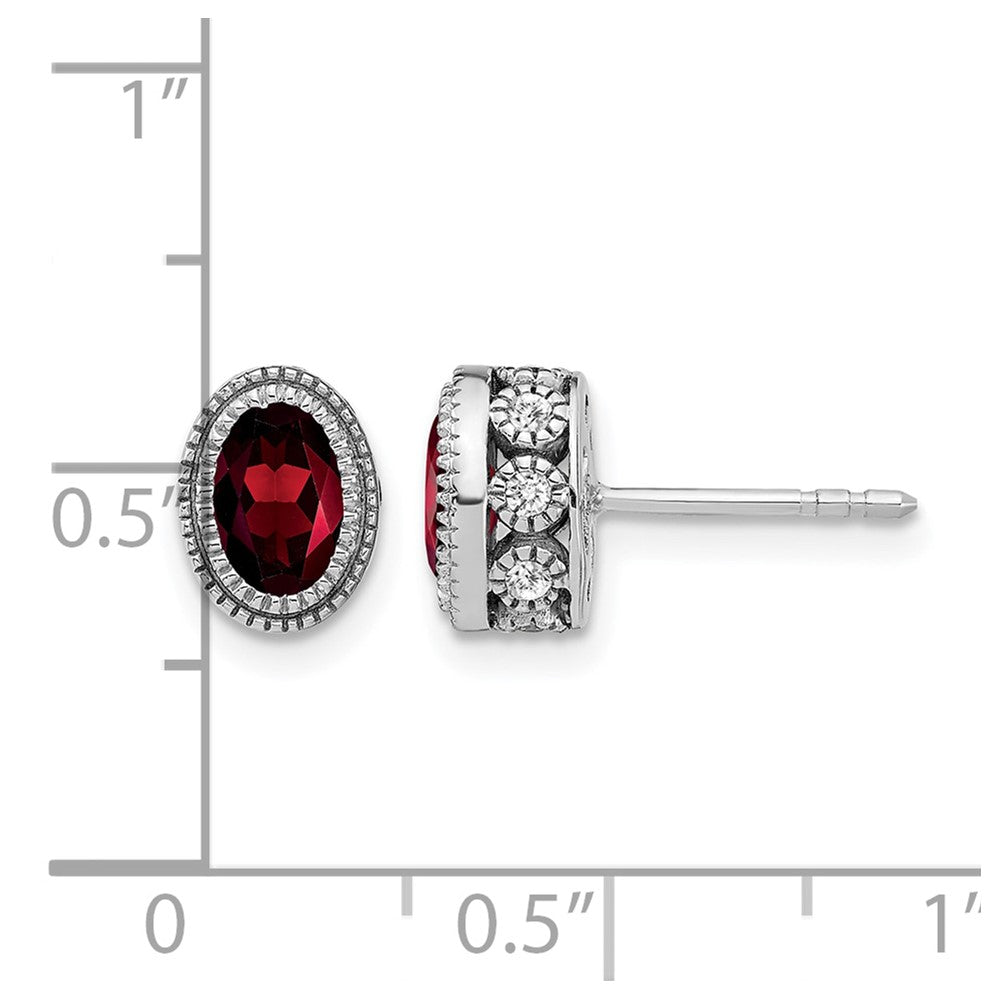 14k White Gold 6x4mm Oval Garnet and .19 carat Diamond Post Earrings
