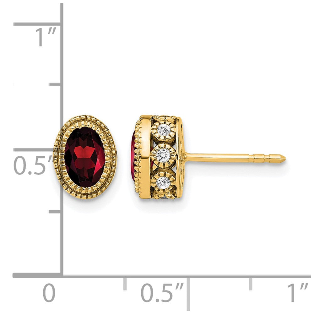 14k 6x4mm Oval Garnet and .19 carat Diamond Post Earrings
