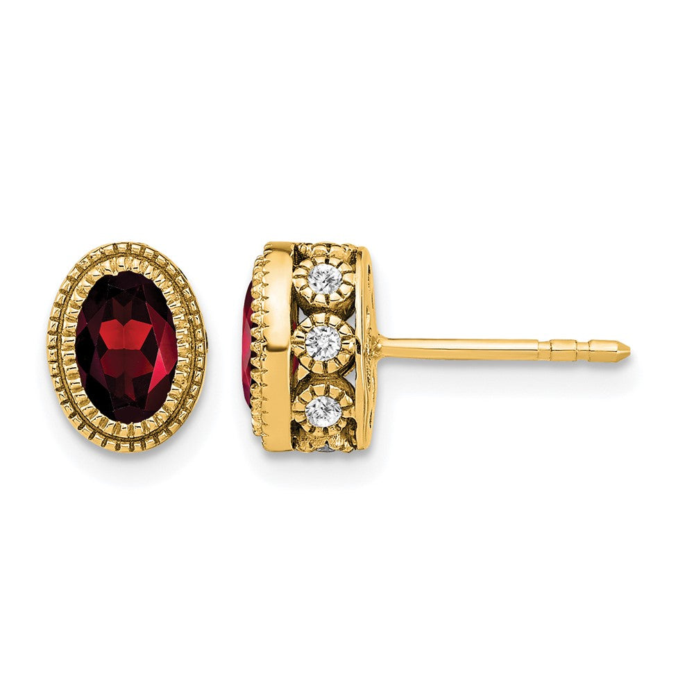 14k 6x4mm Oval Garnet and .19 carat Diamond Post Earrings
