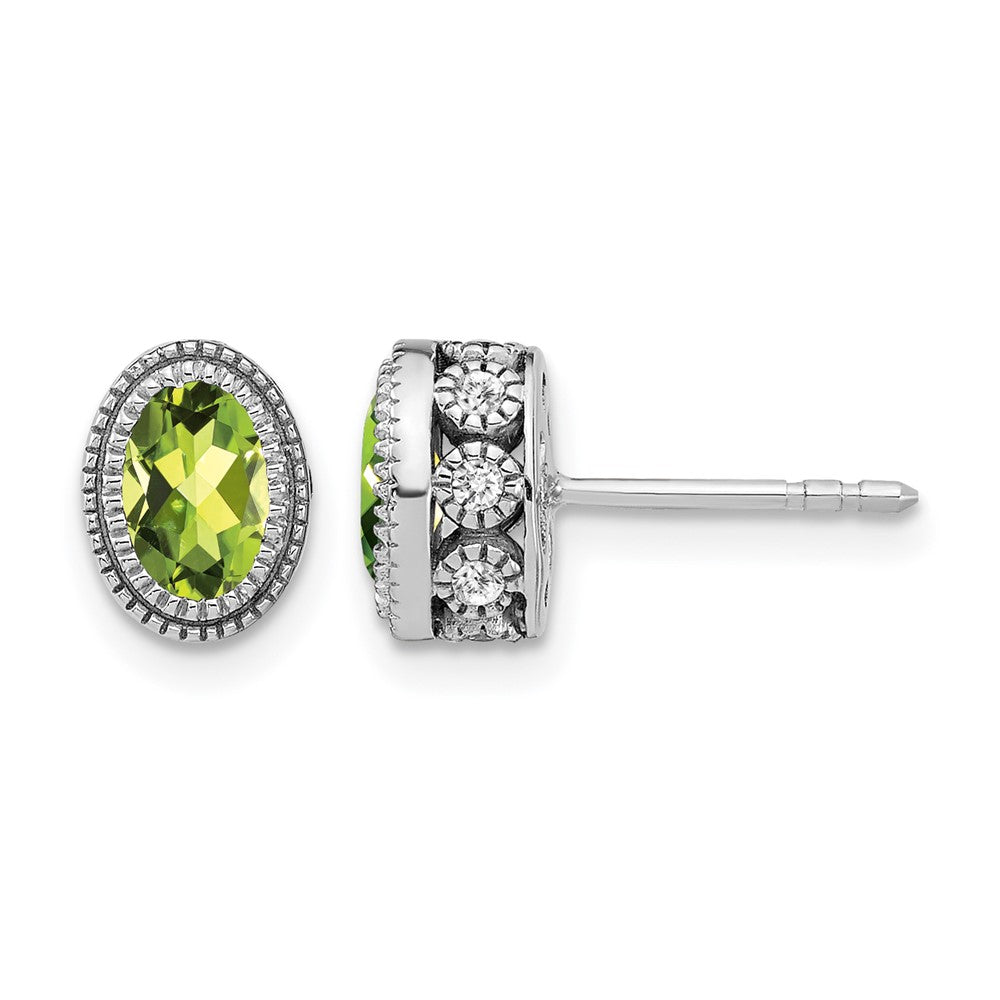 14k White Gold 6x4mm Oval Peridot and .19 carat Diamond Post Earrings