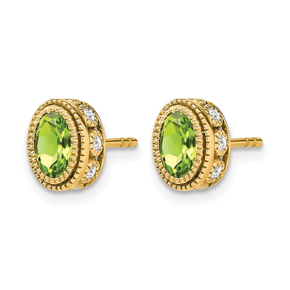 14k 6x4mm Oval Peridot and .19 carat Diamond Post Earrings