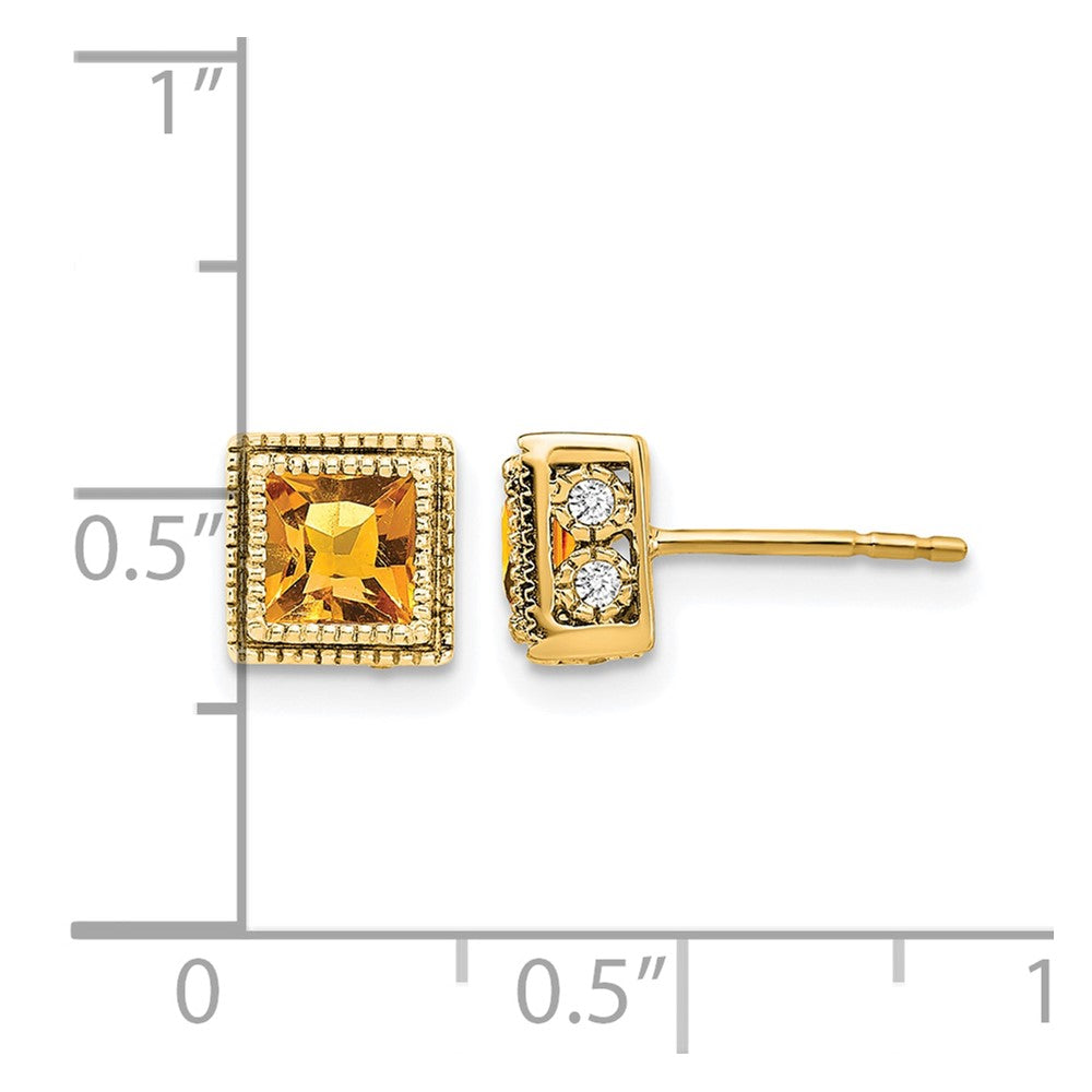 14k 4.5mm Square Citrine and .16 carat Diamond Post Earrings