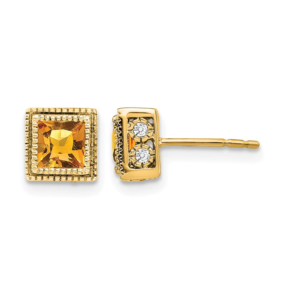 14k 4.5mm Square Citrine and .16 carat Diamond Post Earrings
