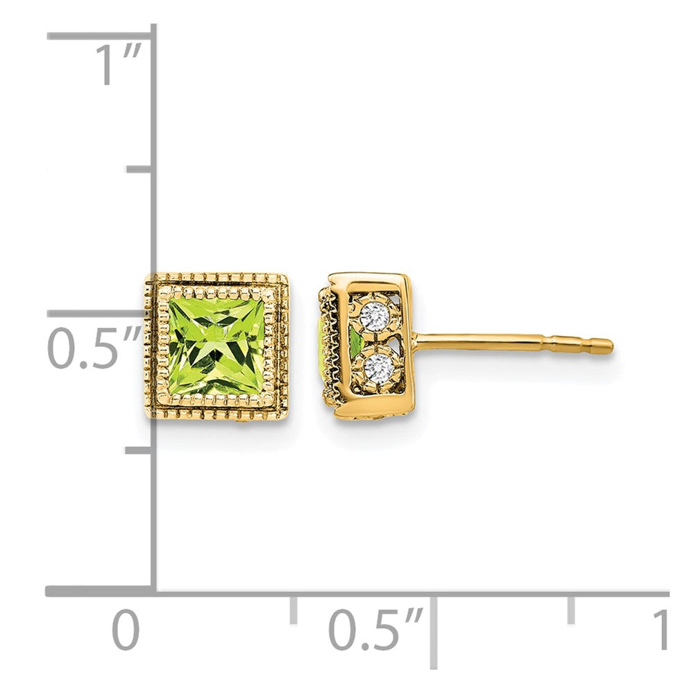 14k 4.5mm Square Peridot and .16 carat Diamond Post Earrings