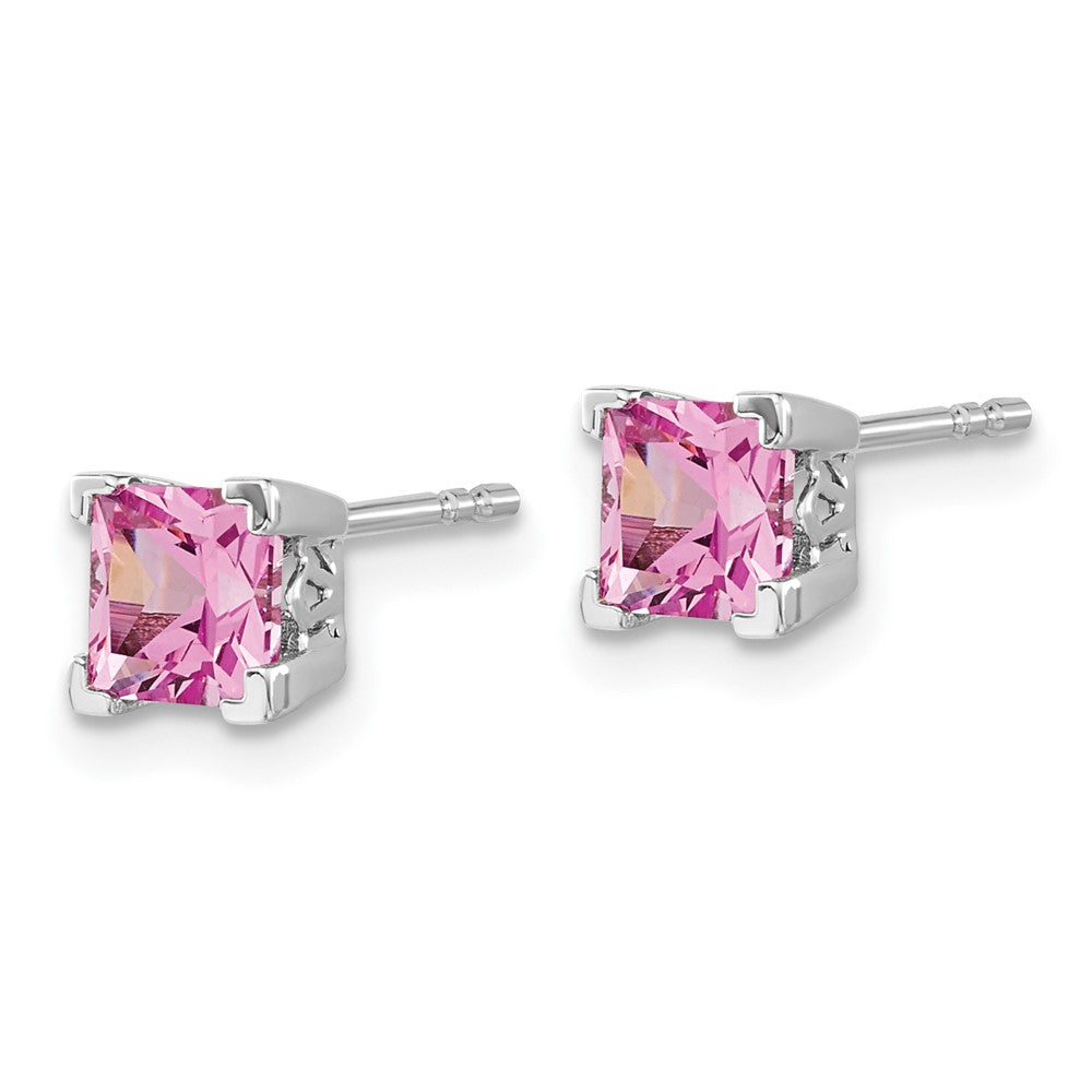 14k White Gold 5mm Princess Lab Created Pink Sapphire Post Earrings