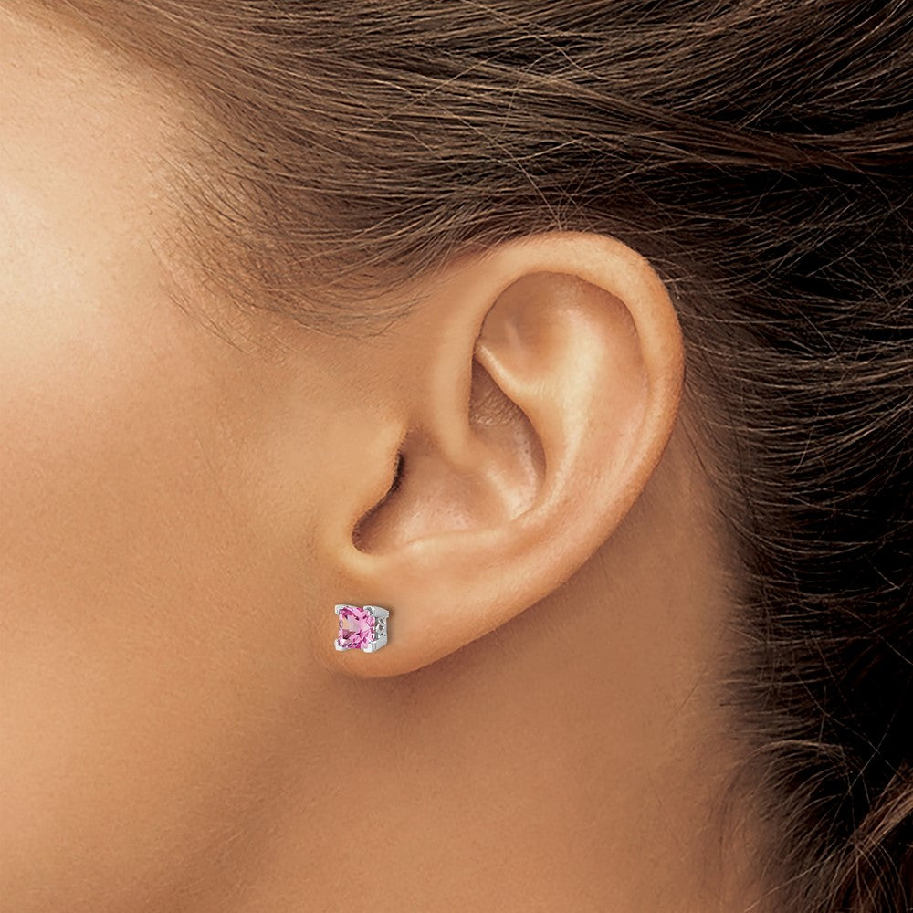 14k White Gold 5mm Princess Lab Created Pink Sapphire Post Earrings