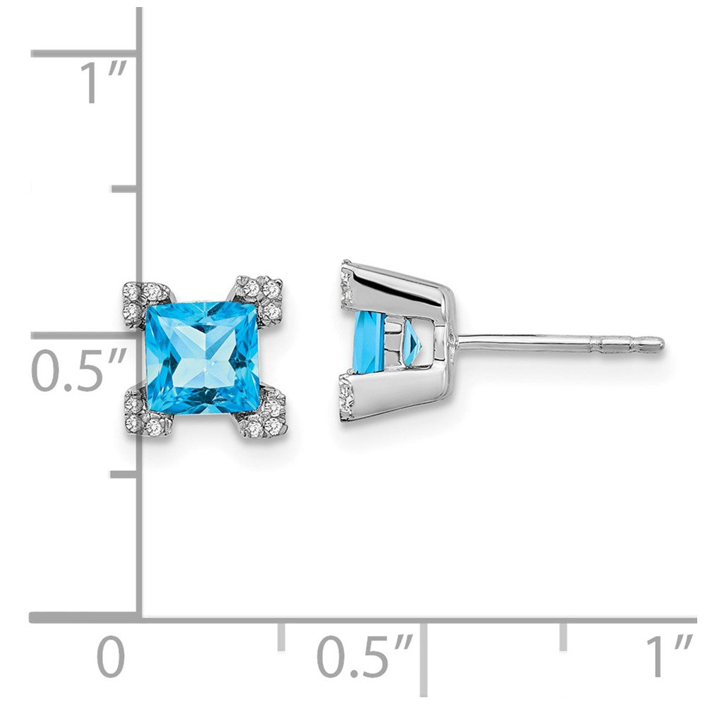14k White Gold 5mm Square Blue Topaz and .07 carat Diamond Post Earrings