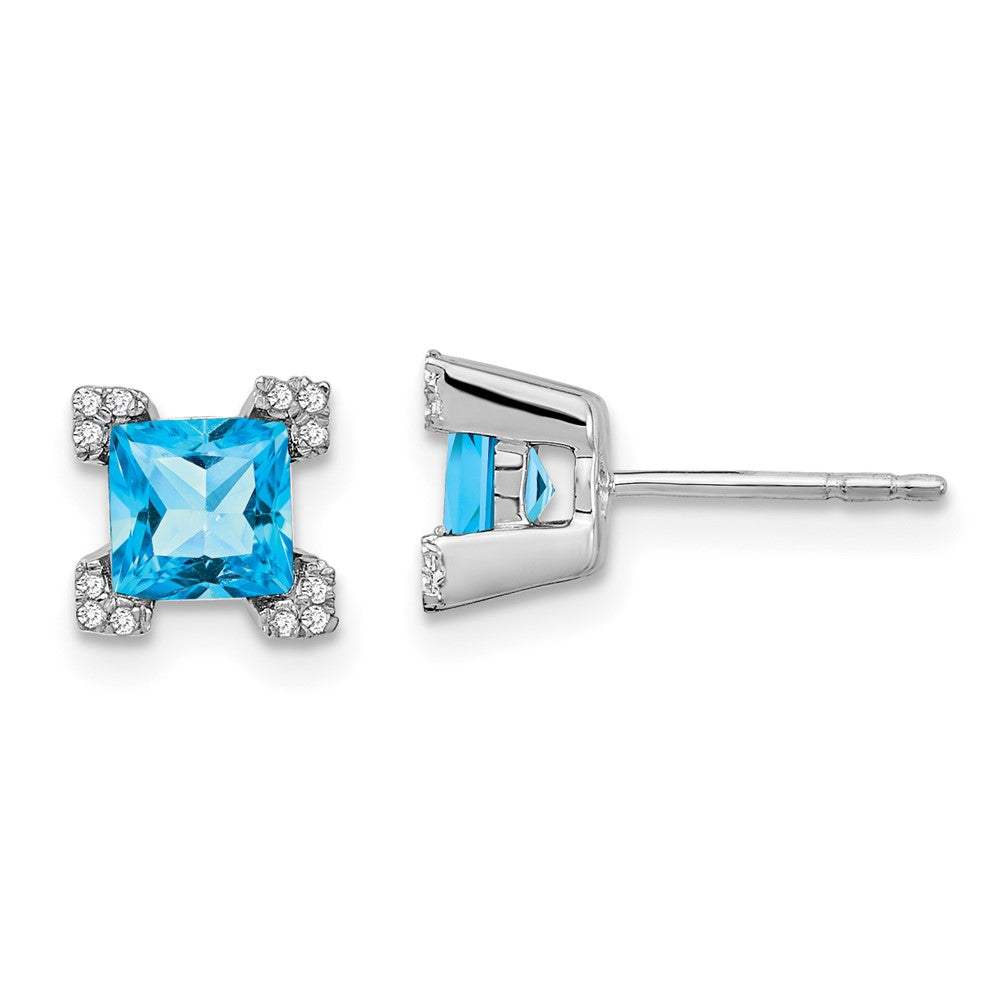 14k White Gold 5mm Square Blue Topaz and .07 carat Diamond Post Earrings