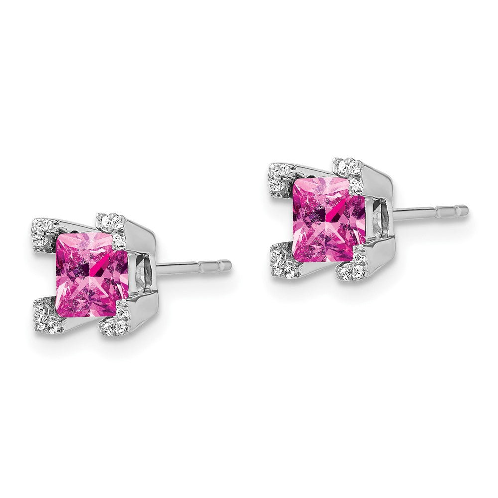 14k White Gold 5mm Princess Lab Created Pink Sapphire and Diamond Corners Post Earrings