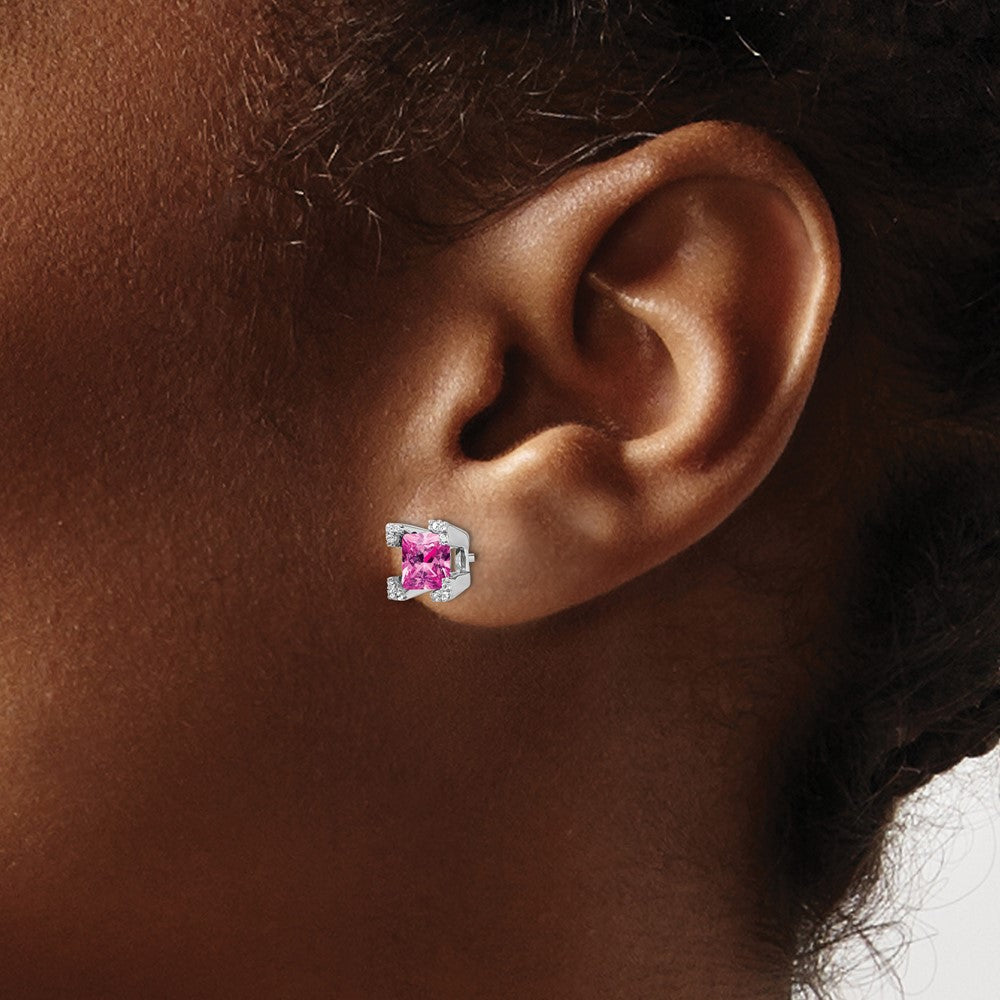 14k White Gold 5mm Princess Lab Created Pink Sapphire and Diamond Corners Post Earrings