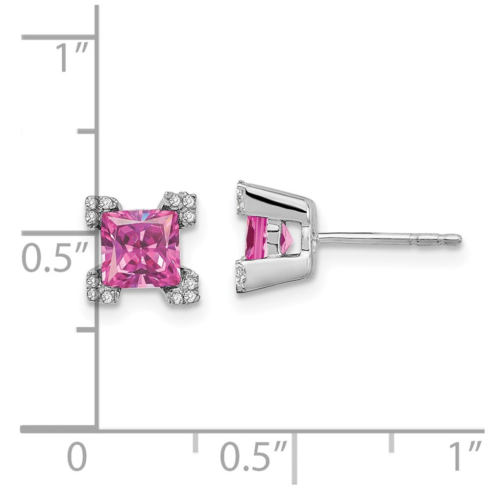 14k White Gold 5mm Princess Lab Created Pink Sapphire and Diamond Corners Post Earrings