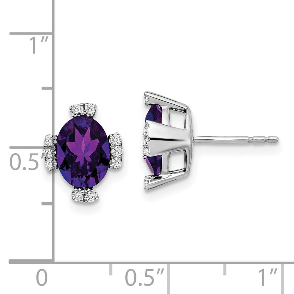 14k White Gold 8x6mm Oval Amethyst and .16 carat Diamond Post Earrings