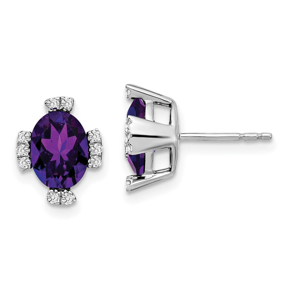 14k White Gold 8x6mm Oval Amethyst and .16 carat Diamond Post Earrings