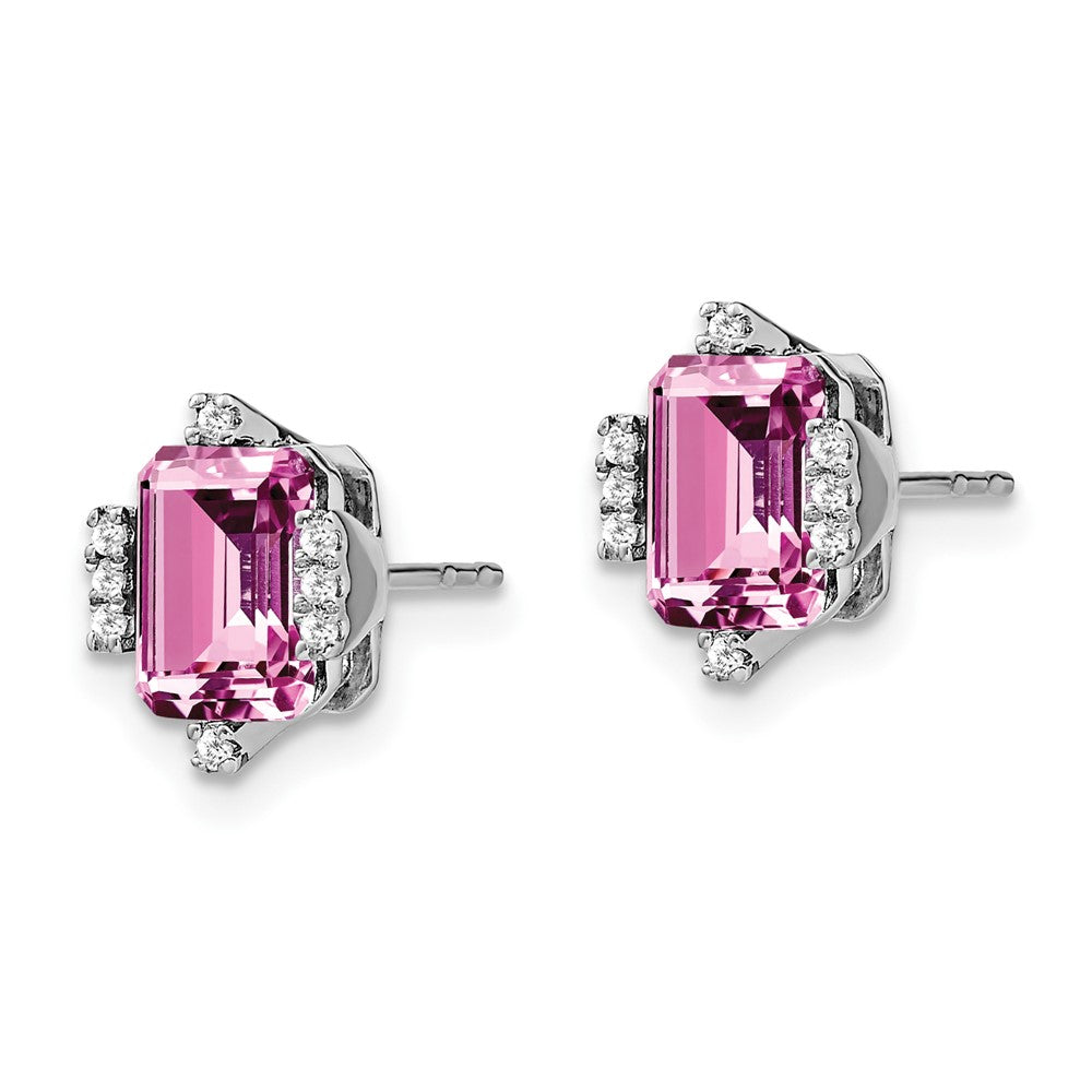 14k White Gold 7x5mm Emerald-cut Lab Created Pink Sapphire and Diamond Post Earrings