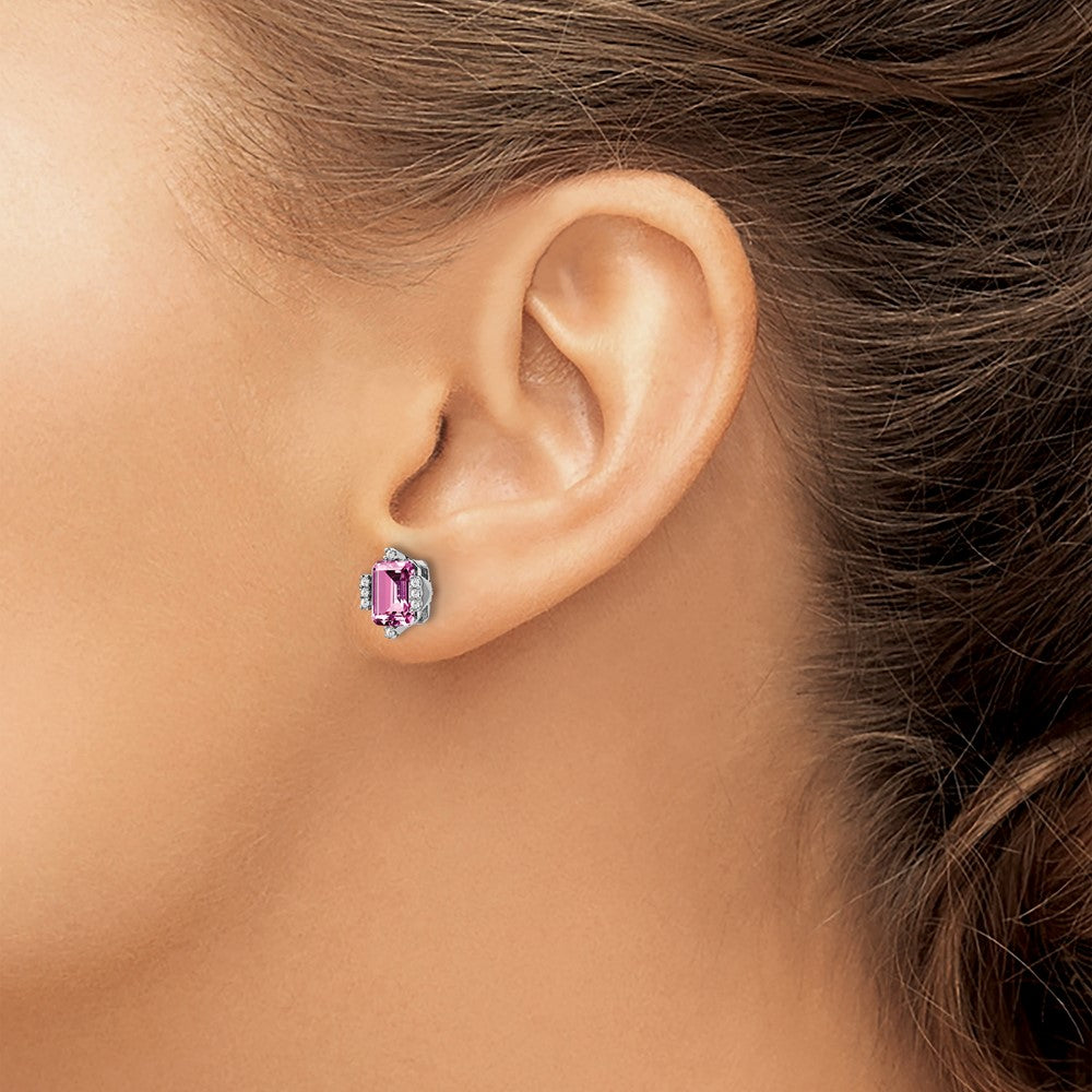 14k White Gold 7x5mm Emerald-cut Lab Created Pink Sapphire and Diamond Post Earrings