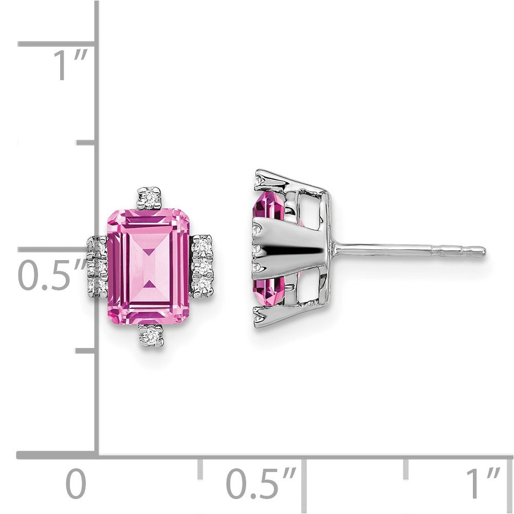14k White Gold 7x5mm Emerald-cut Lab Created Pink Sapphire and Diamond Post Earrings