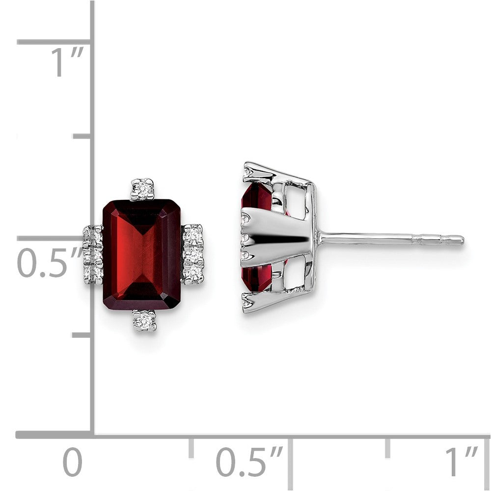 14k White Gold 7x5mm Emerald-cut Garnet and .08 carat Diamond Post Earrings