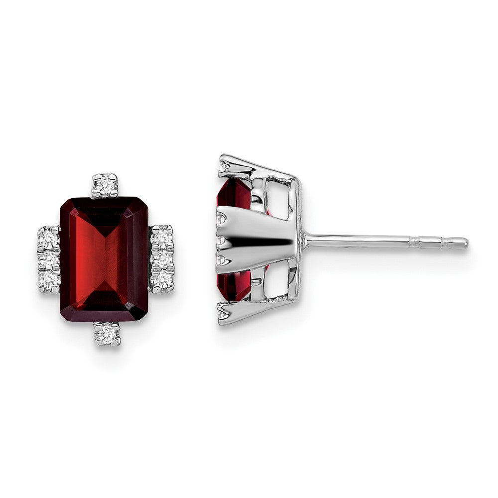 14k White Gold 7x5mm Emerald-cut Garnet and .08 carat Diamond Post Earrings