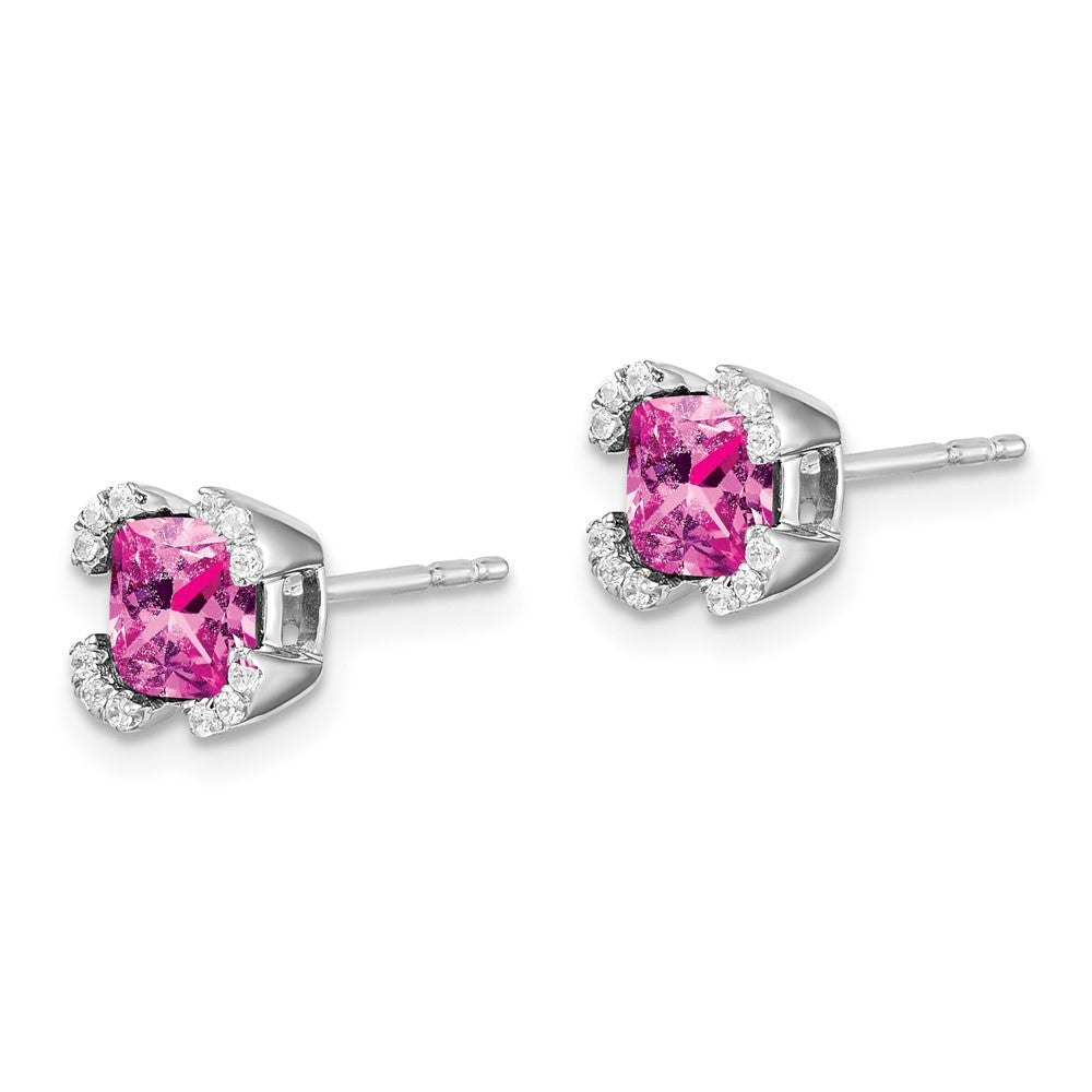 14k White Gold 5.5mm Cushion Lab Created Pink Sapphire and Diamond Post Earrings