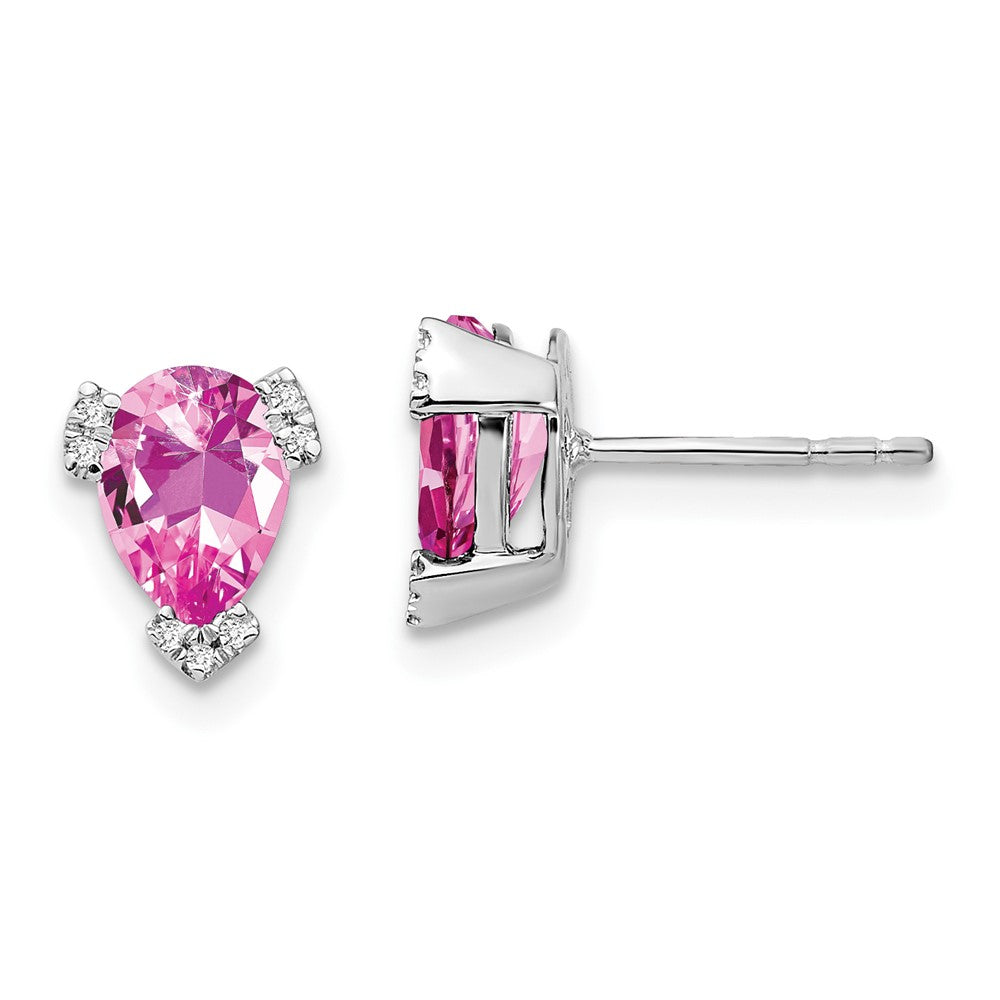 14k White Gold 7x5mm Pear Lab Created Pink Sapphire and Diamond Post Earrings