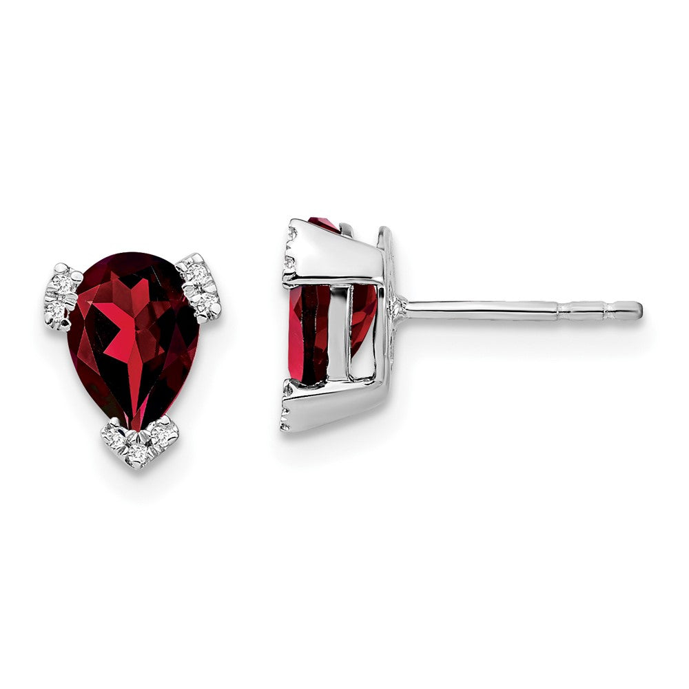 14k White Gold 7x5mm Pear Garnet and .05 carat Diamond Post Earrings