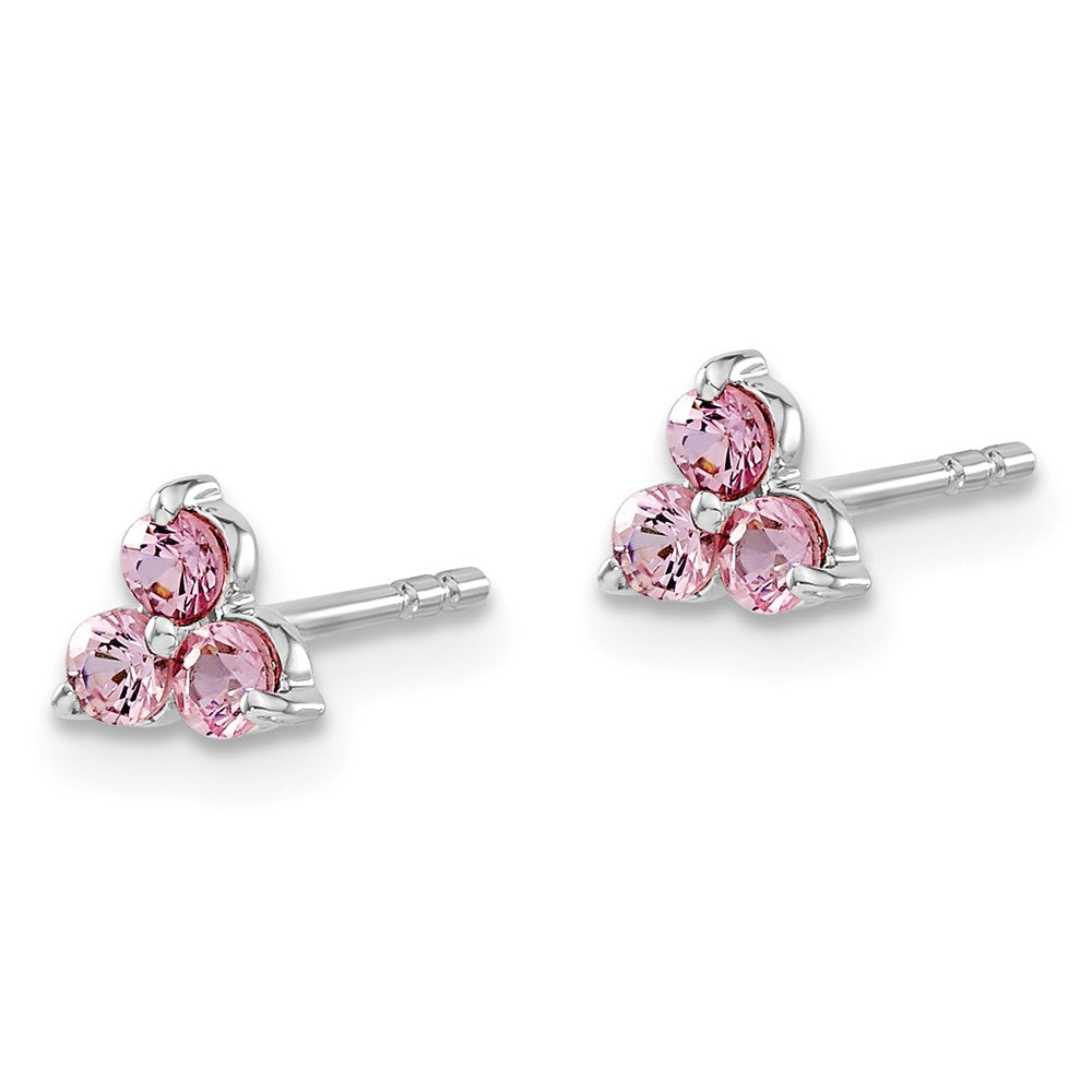 14k White Gold 3-stone Lab Created Pink Sapphire Triangle Post Earrings
