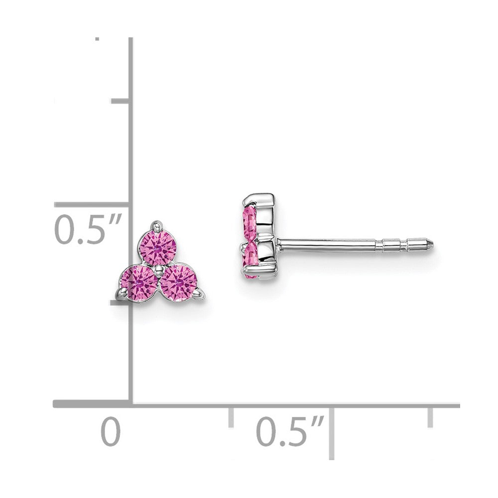14k White Gold 3-stone Lab Created Pink Sapphire Triangle Post Earrings