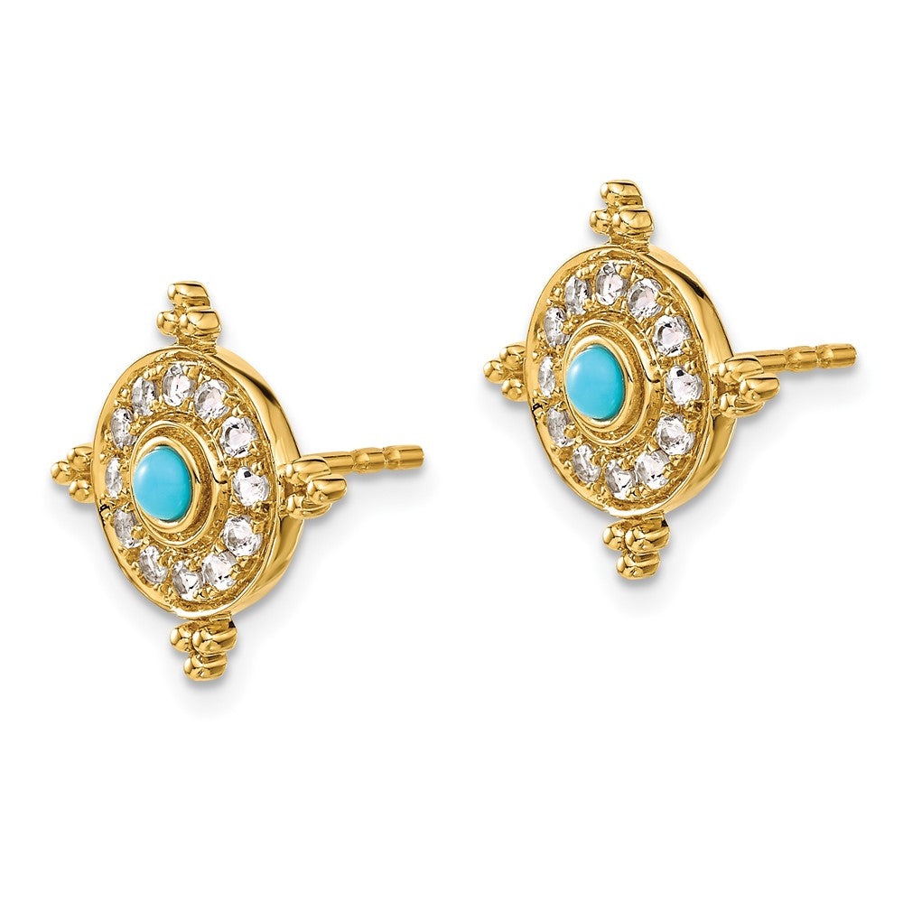 14k Turquoise and White Topaz Shield Post Earrings