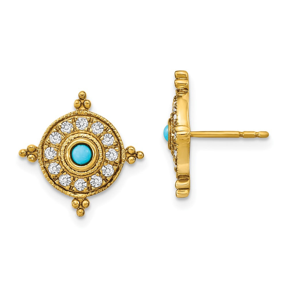 14k Turquoise and White Topaz Shield Post Earrings